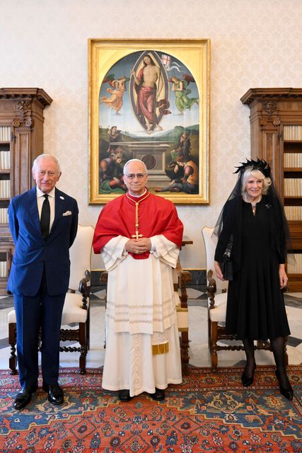 Handout photo provided by Vatican Media of King Charles III and Queen Camilla meeting Pope Leo XIV in the Pope's library, in Vatican City. Photo: PA